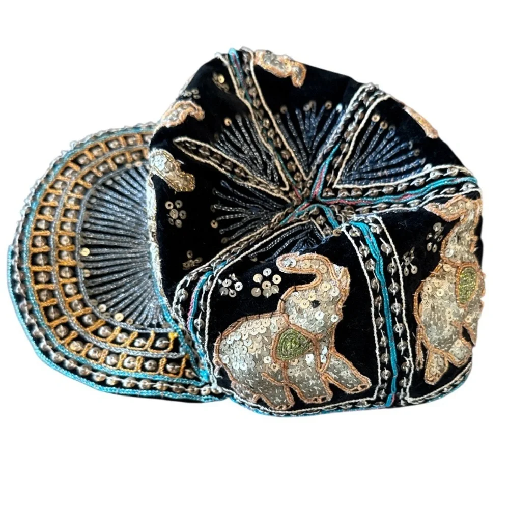 Vintage Burmese Velvet Embellished Black Multi Elephant Baseball Cap Size OS - Picture 8 of 14